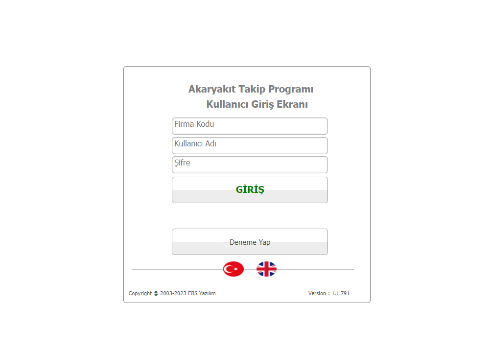 Online Akaryakıt programı giriş ekranı