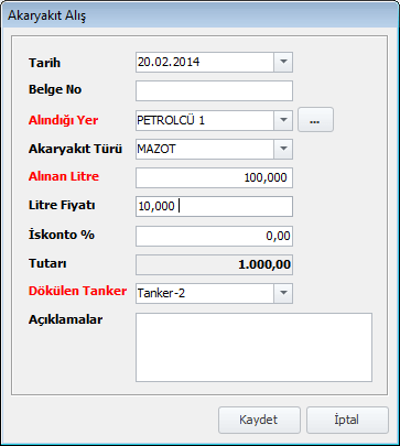 Akaryakıt Programı , Alım Giriş Ekranı