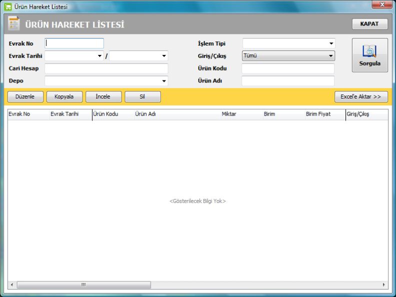 Depo ve Stok Programı:Hareket Listesi