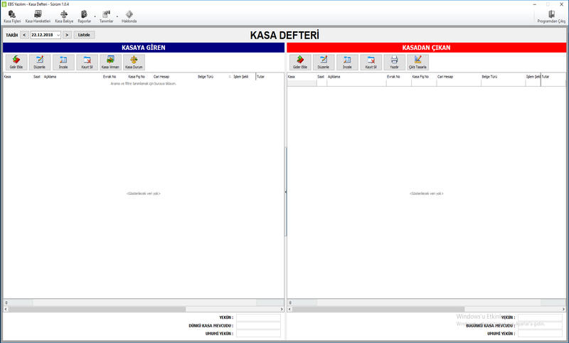 Kasa Defteri Programı ana ekranı