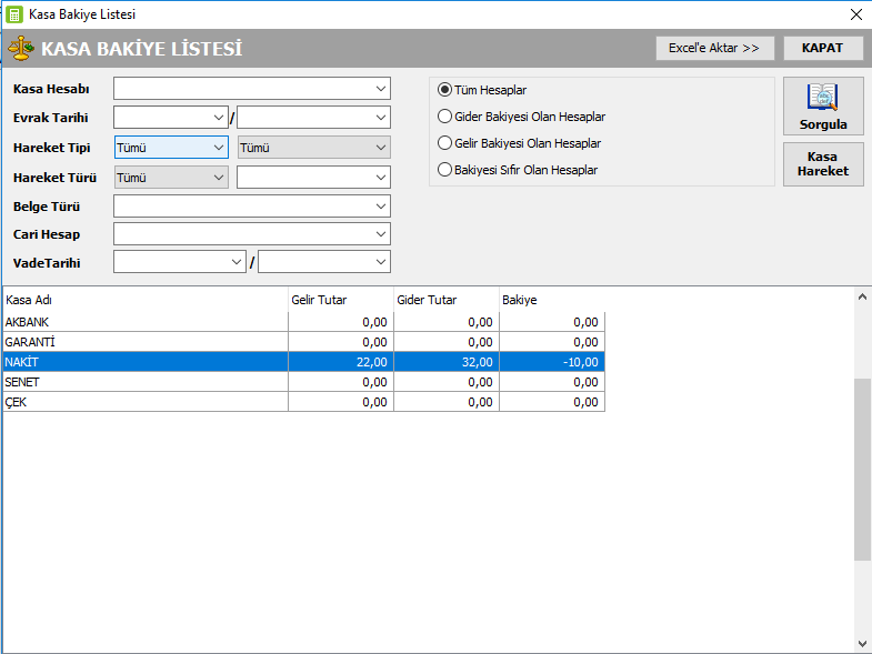 Kasa Defteri Programı Kasa bakiye raporu