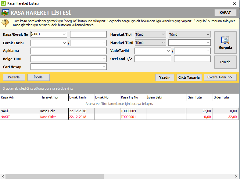 Kasa Defteri Programı Kasa hareket raporu