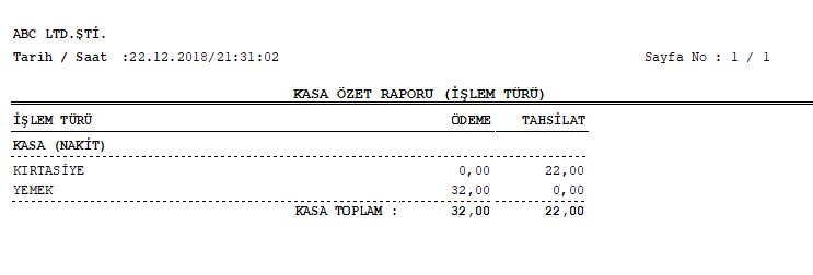 Kasa Defteri Programı Kasa defter işlem türü raporu