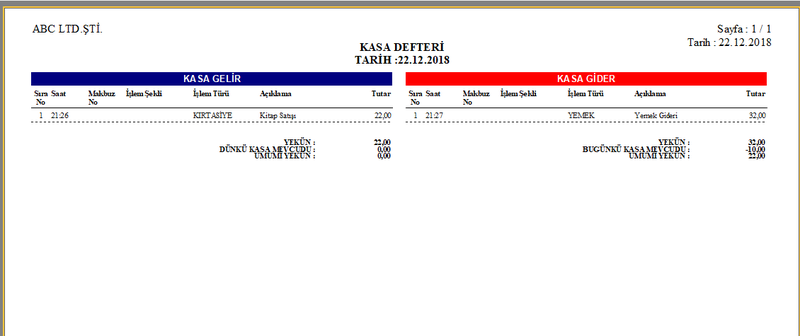 Kasa Defteri Programı Kasa defter yazdırma ekranı