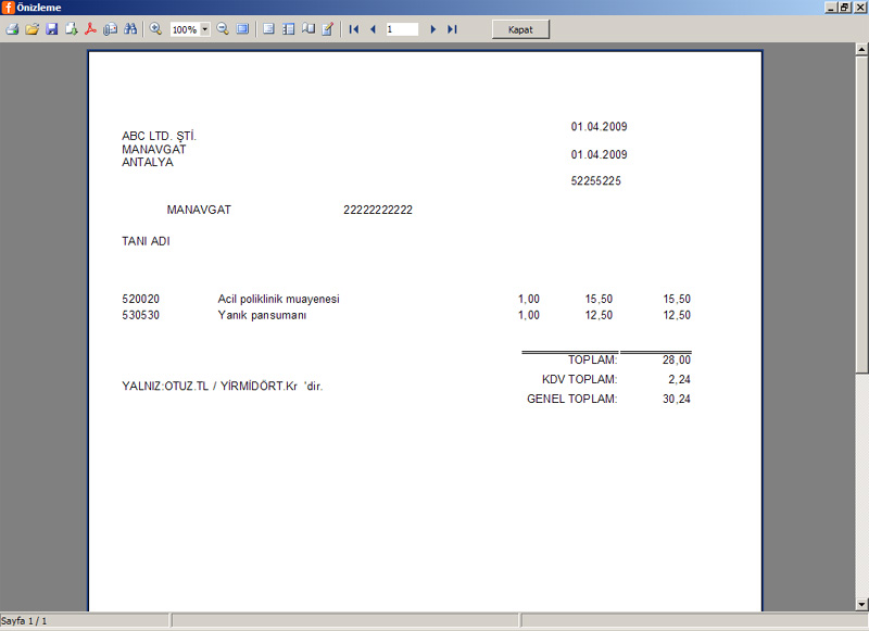 Sağlık Merkezleri Fatura Yazdırma Programı: Fatura Çıktısı