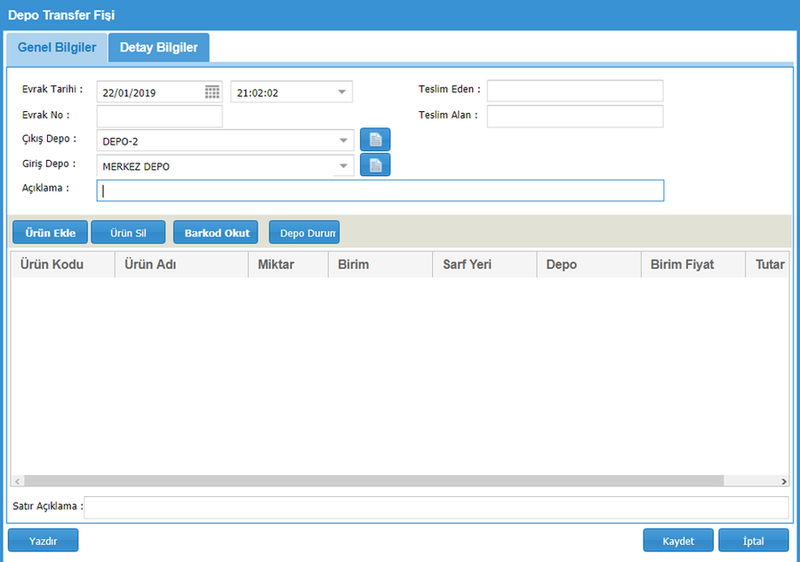 Online web tabanlı stok takip programında depolar arası stok transfer ekranı.