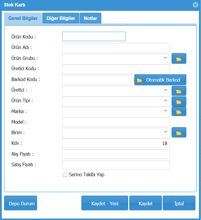 Online web tabanlı stok takip programında stok tanımlama ekranı