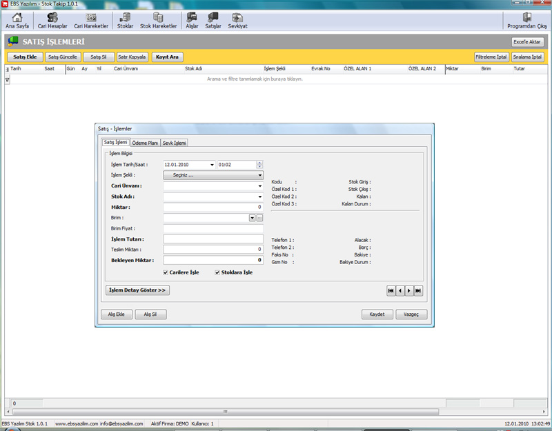 Stok Programı:Satış Giriş Ekranı