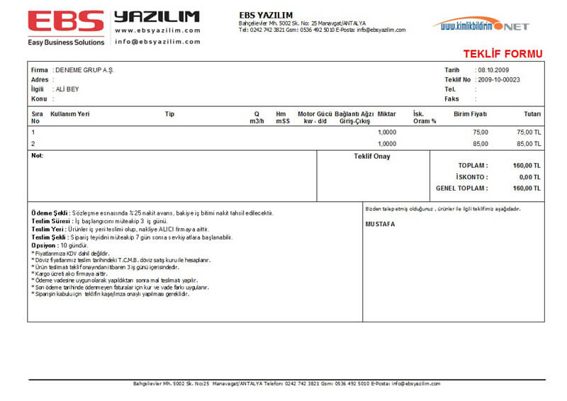 Teklif-Sipariş Hazırlama Programı:Teklif örneği