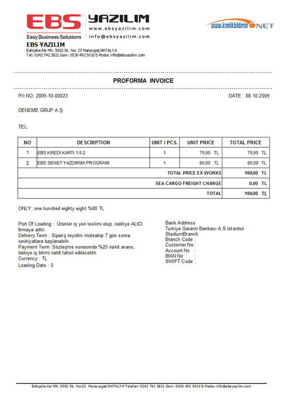 Teklif-Sipariş Hazırlama Programı:Örnek Teklif