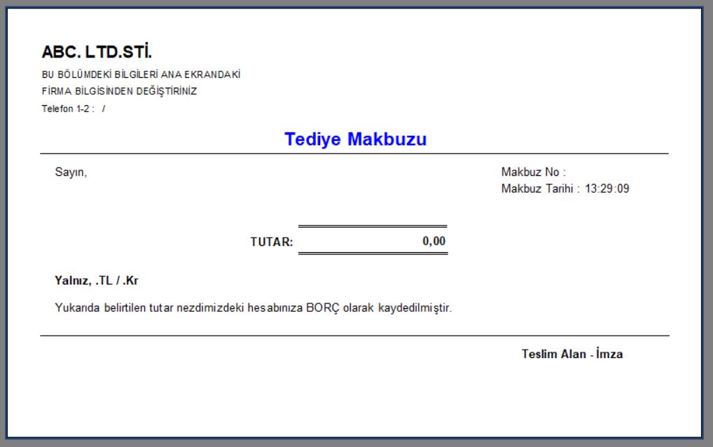 Veresiye Takip Programı:Tediye Makbuzu Çıktısı